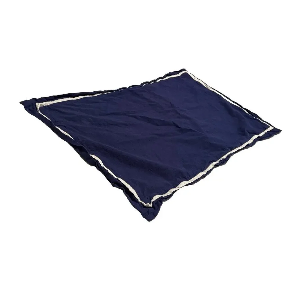 Pair of Linen Cotton Pillowcases King Size Navy Blue White Hotel Border Shams